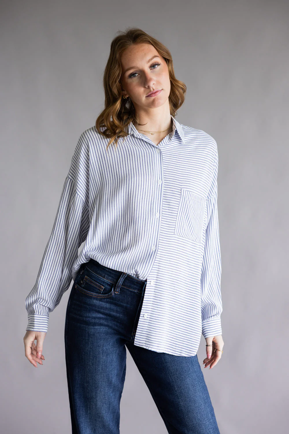 Mix Stripe Button Up Top for Women in Blue | ACT12305-BLUE - Image 4