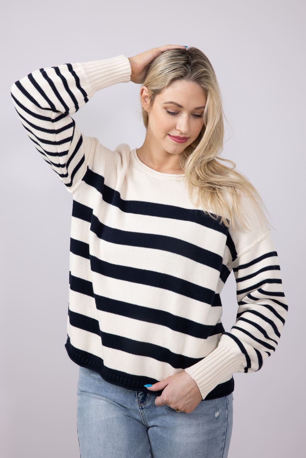 Navy Striped Sweater for Women in Ivory | SWT70133-OFFWHITENAVY
