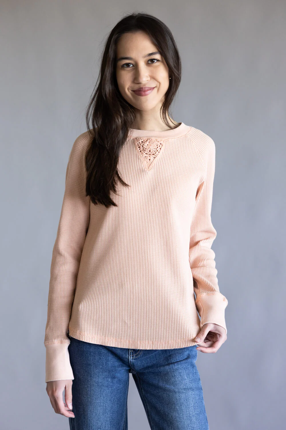 C&C California Nella Waffle Lace Raglan Top for Women in Coral Pink | 89B03371-X654-CORAL
