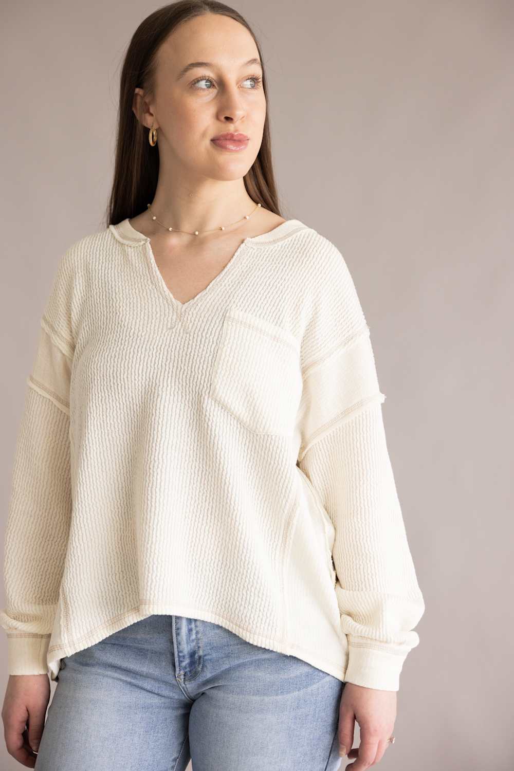 Notched V-Neck Knit Top for Women in Ivory  | J6ST1044-IVORY