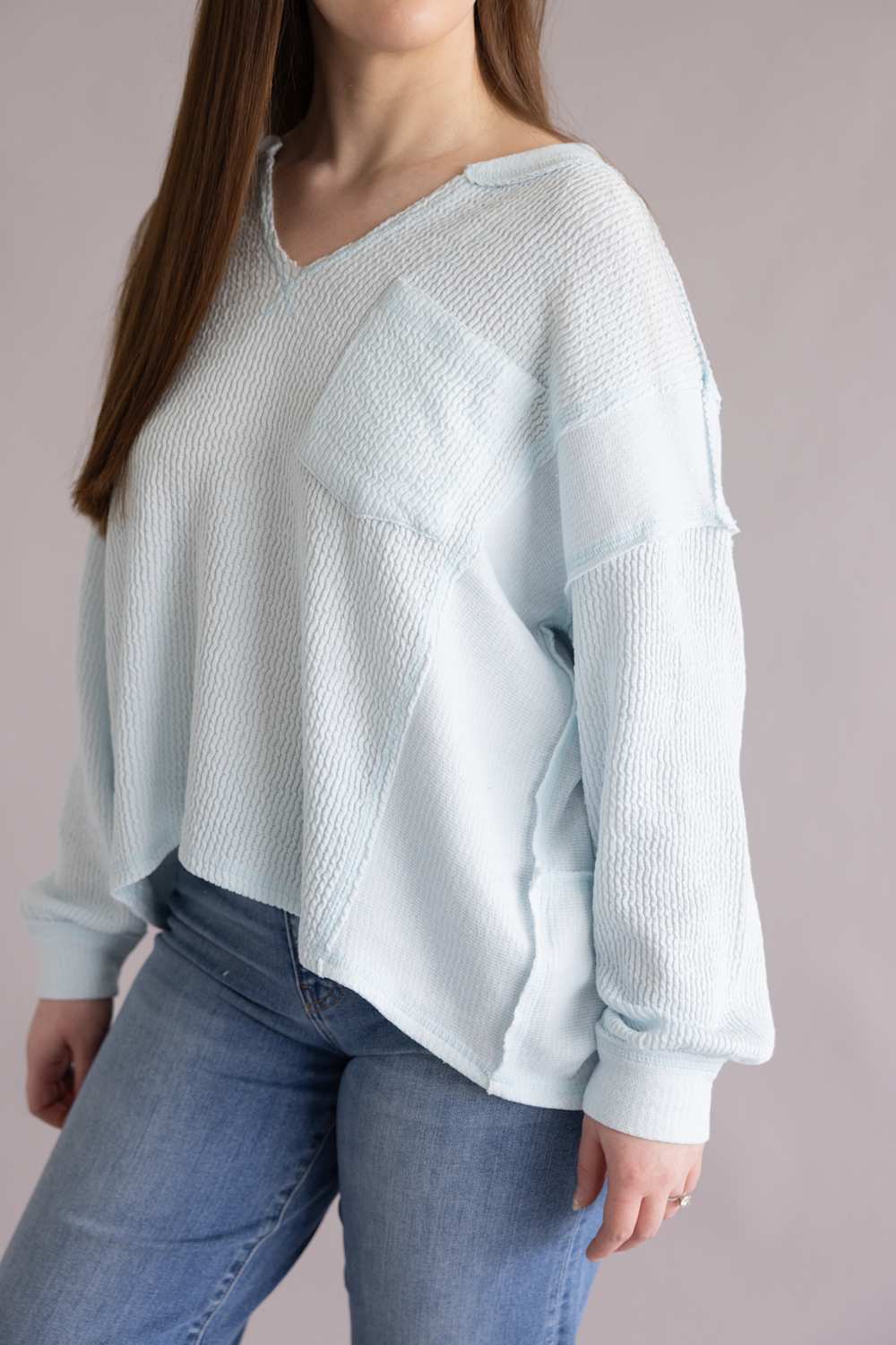 Notched V-Neck Knit Top for Women in Baby Blue | J6ST1044-BABYBLUE - Image 2