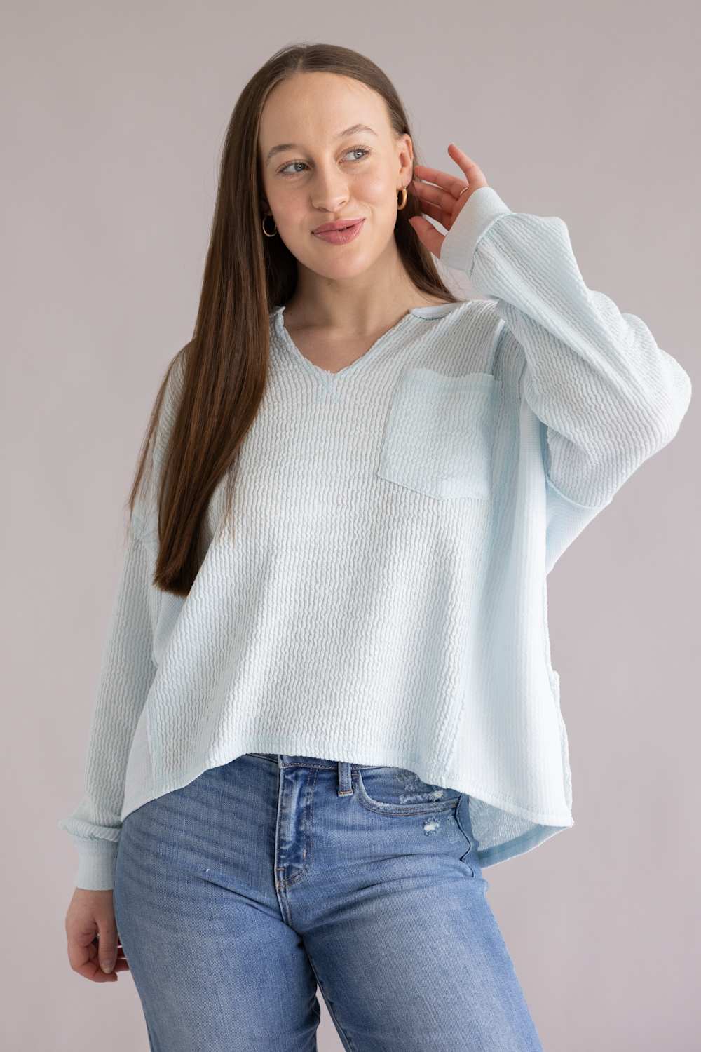 Notched V-Neck Knit Top for Women in Baby Blue | J6ST1044-BABYBLUE - Image 3