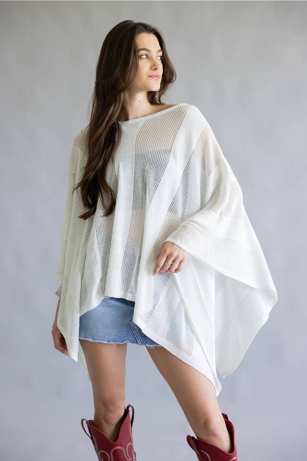 Open Knit Poncho for Women in Ivory | WLP410132-IVORY