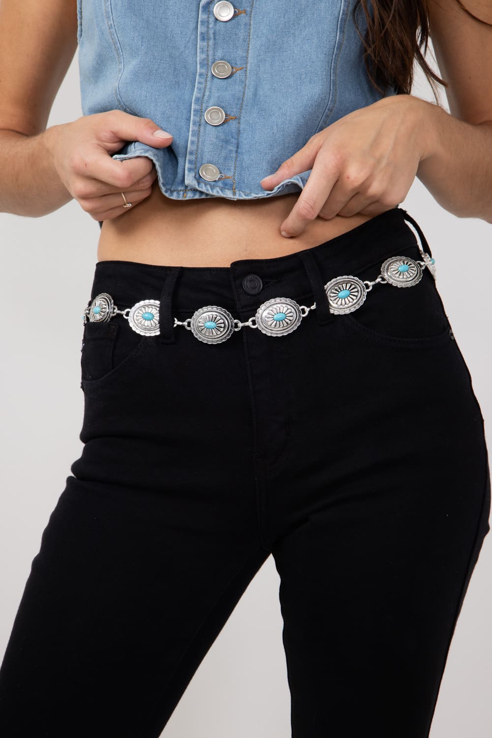 Oval Turquoise Concho Chain Belt for Women in Silver | MML8656S