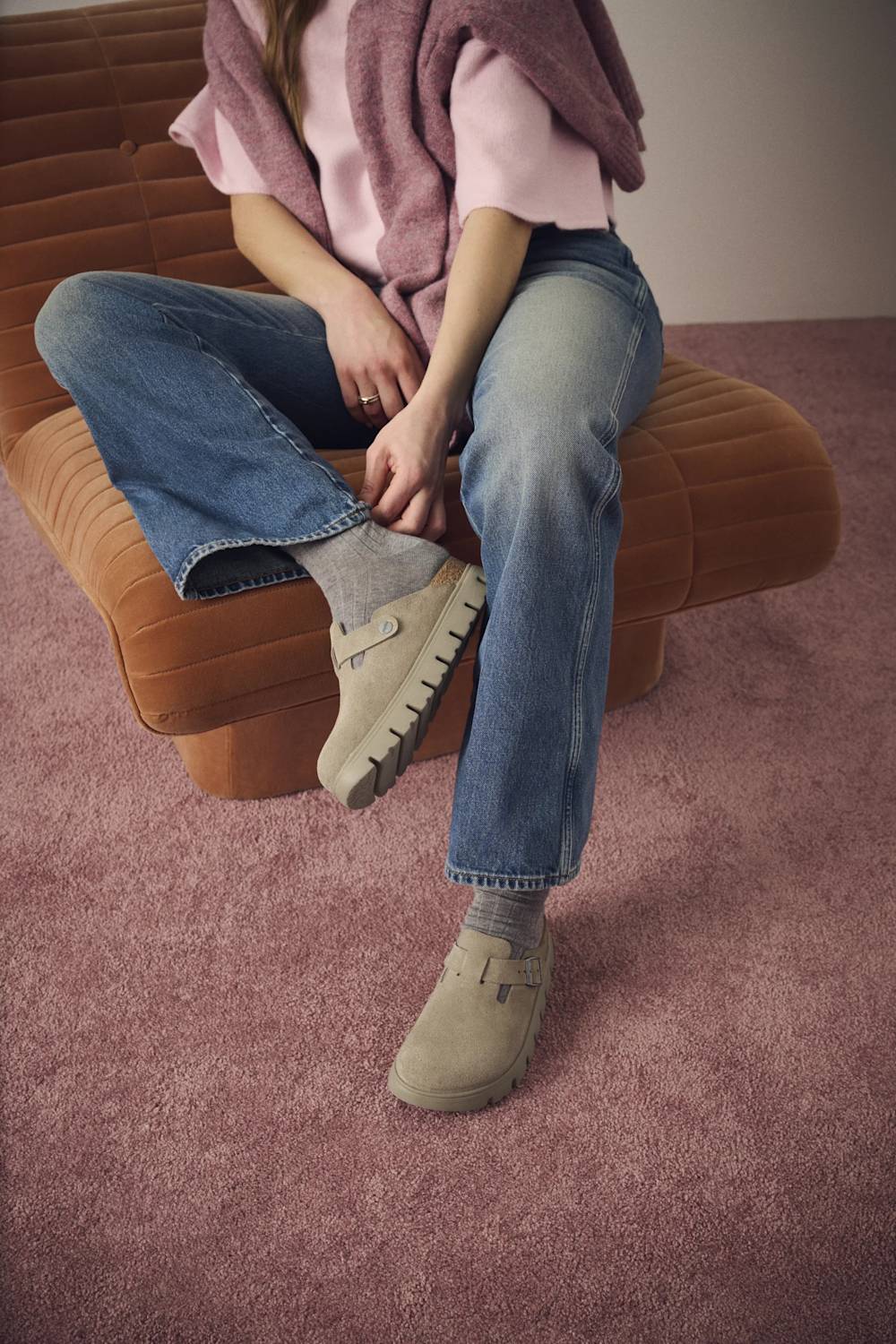 Papillo by Birkenstock Boston Suede Leather Chunky Clogs for Women in Taupe | 1033054 - Image 4