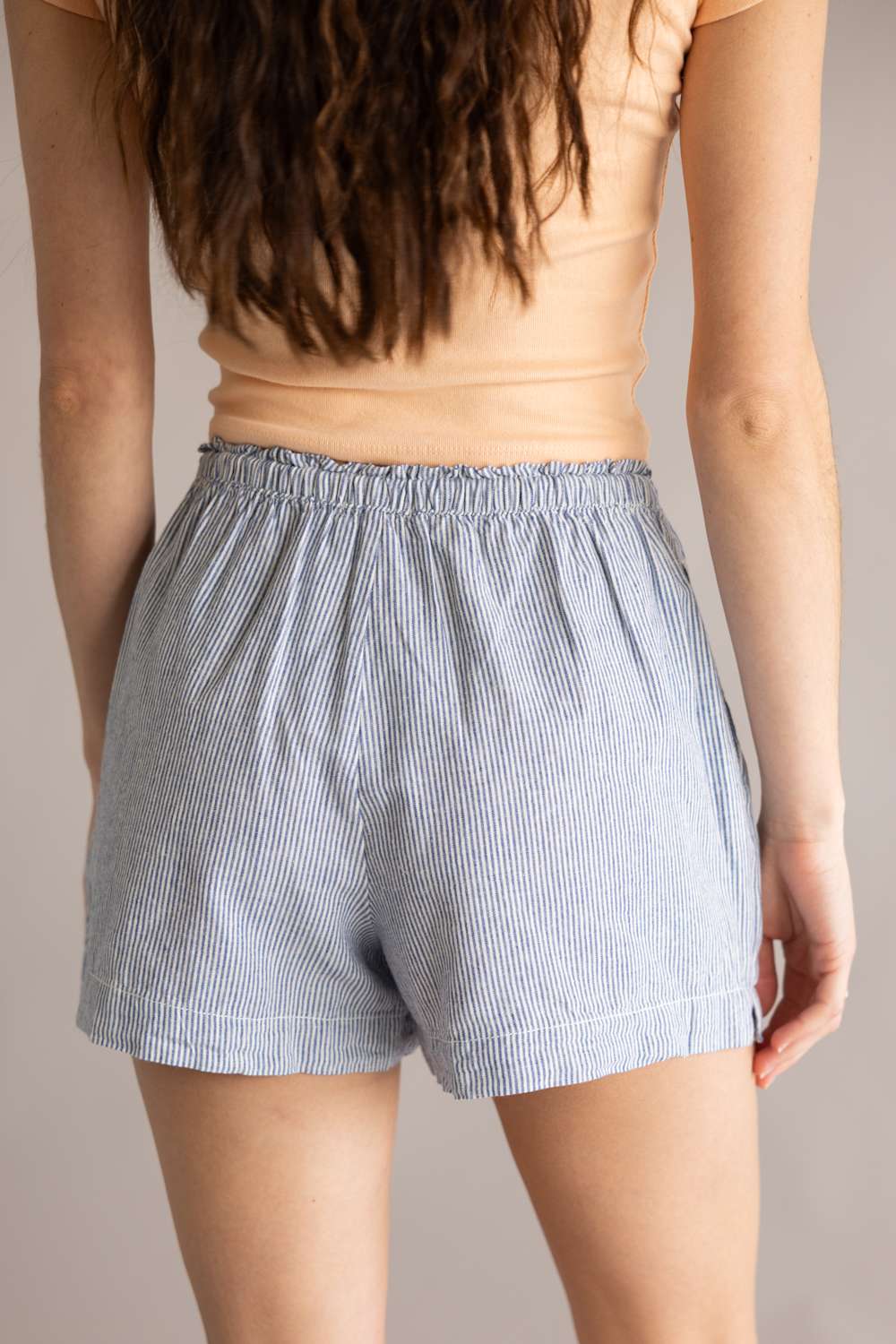 Pinstripe Drawstring Linen Shorts for Women in Indigo | 42713-INDIGO - Image 2