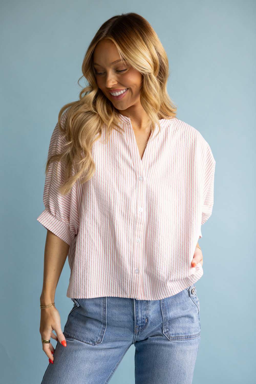 Pinstripe Split Neck Button Front Top for Women