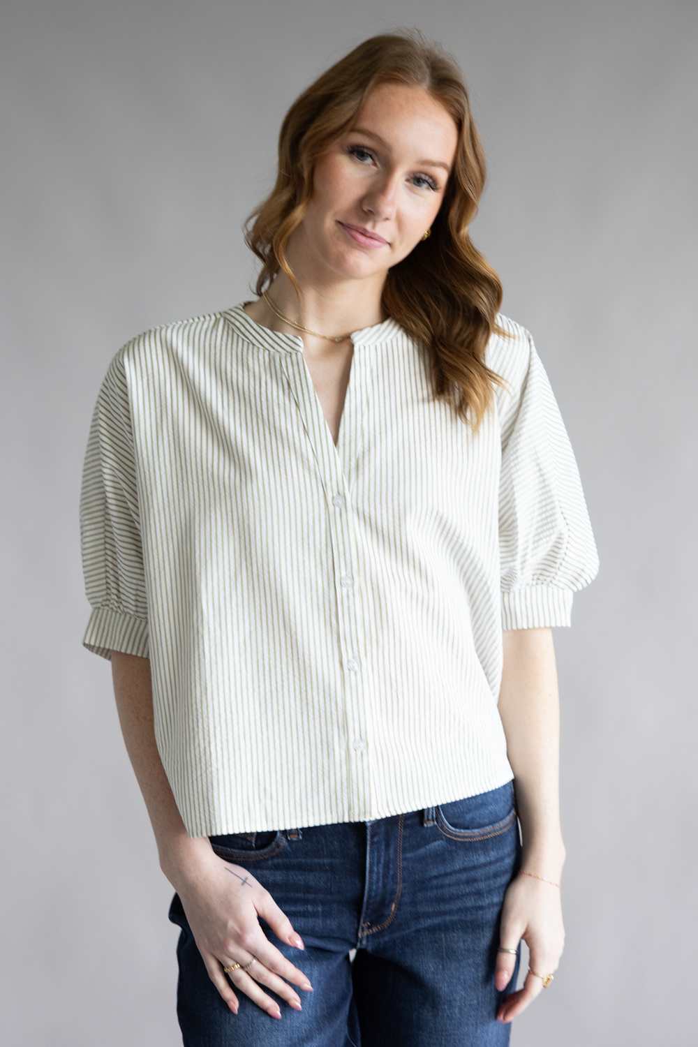 Pinstripe Split Neck Button Front Top for Women - Image 2