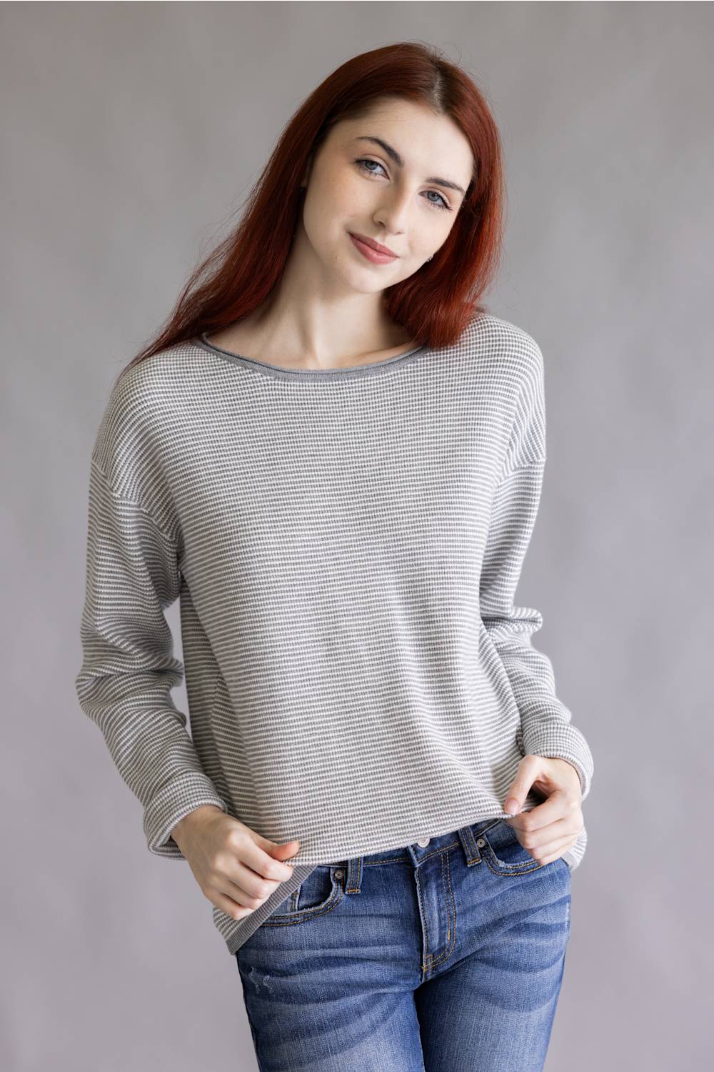 Staccato Pinstriped Sweater for Women in Heather Grey | 54738A-HGREY - Image 4