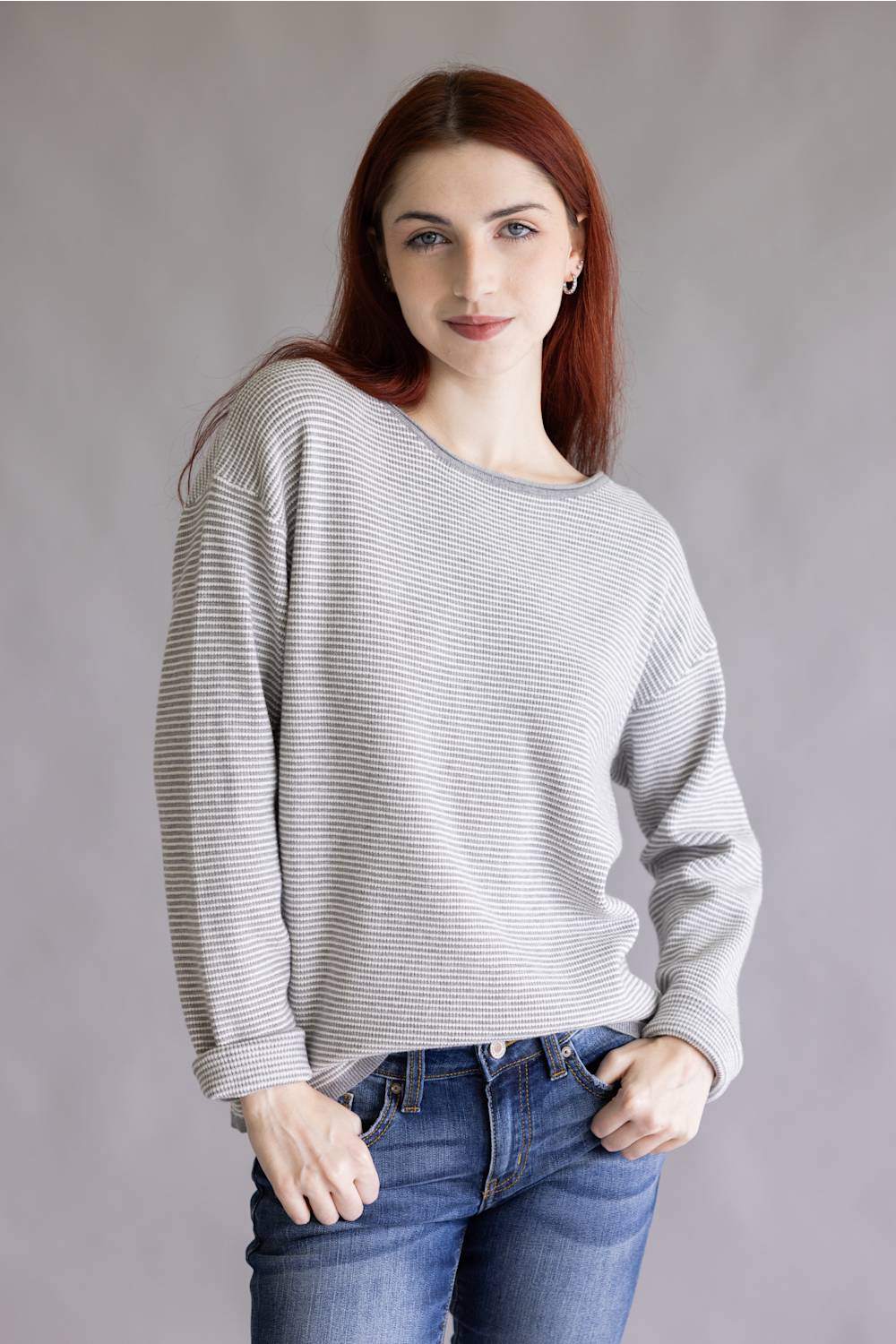 Staccato Pinstriped Sweater for Women in Heather Grey | 54738A-HGREY - Image 5