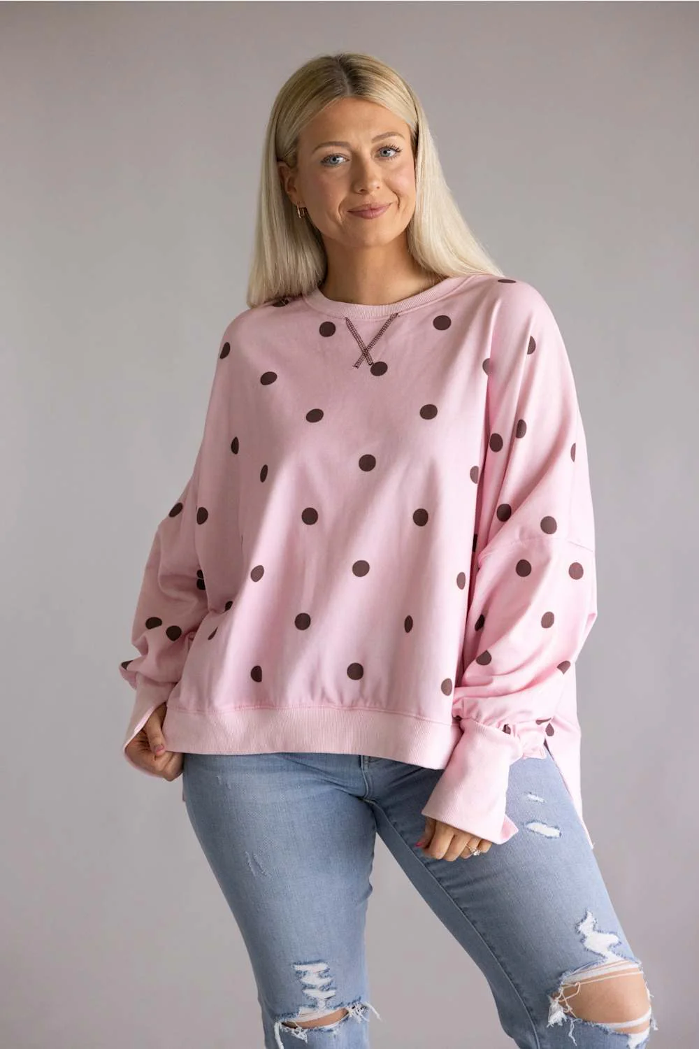 Polka Dot Oversized Sweatshirt for Women in Pink | IKT300615-03-LTPINK