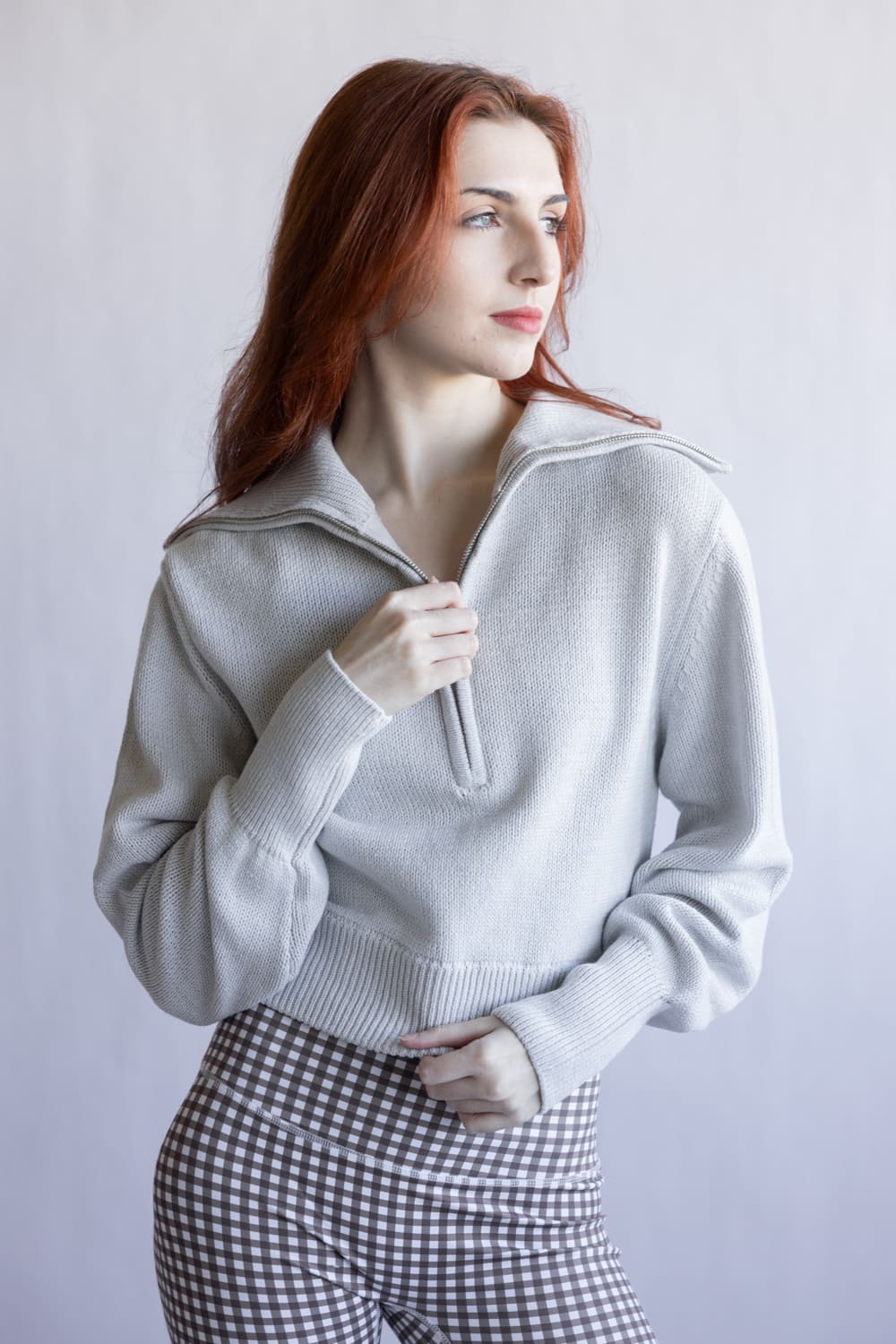 Quarter Zip Crop Sweater for Women in White Heather Grey | PF5S27844-WHITEHEATHERGREY