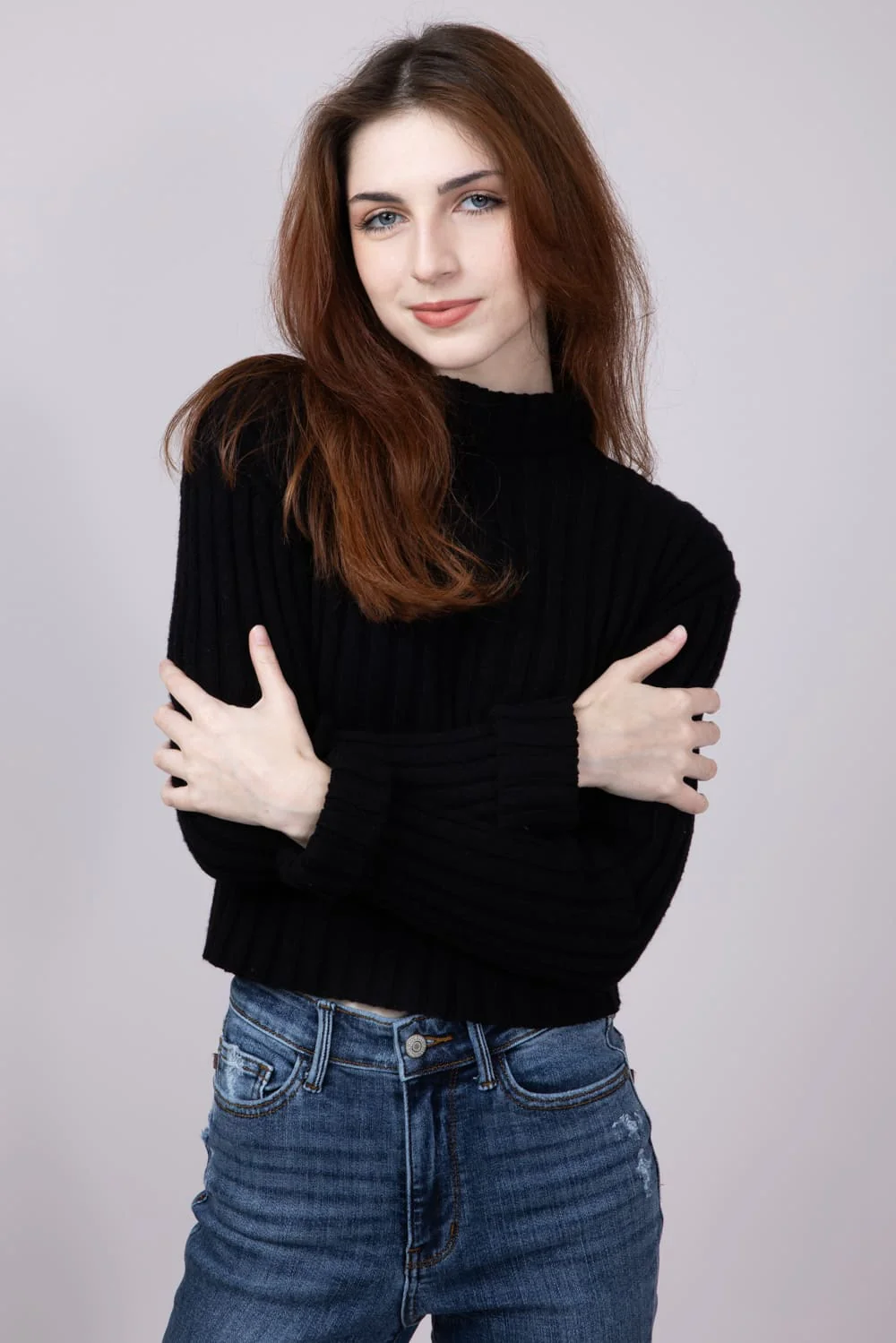 Ribbed Mock Neck Cropped Sweater for Women
