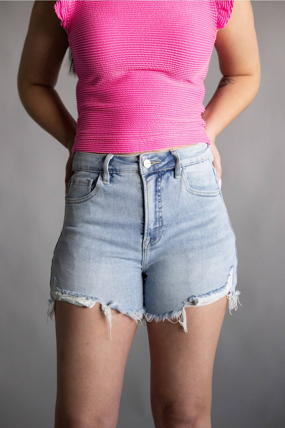 Risen High Rise Fray Hem Denim Shorts for Women | RDS6160-LT