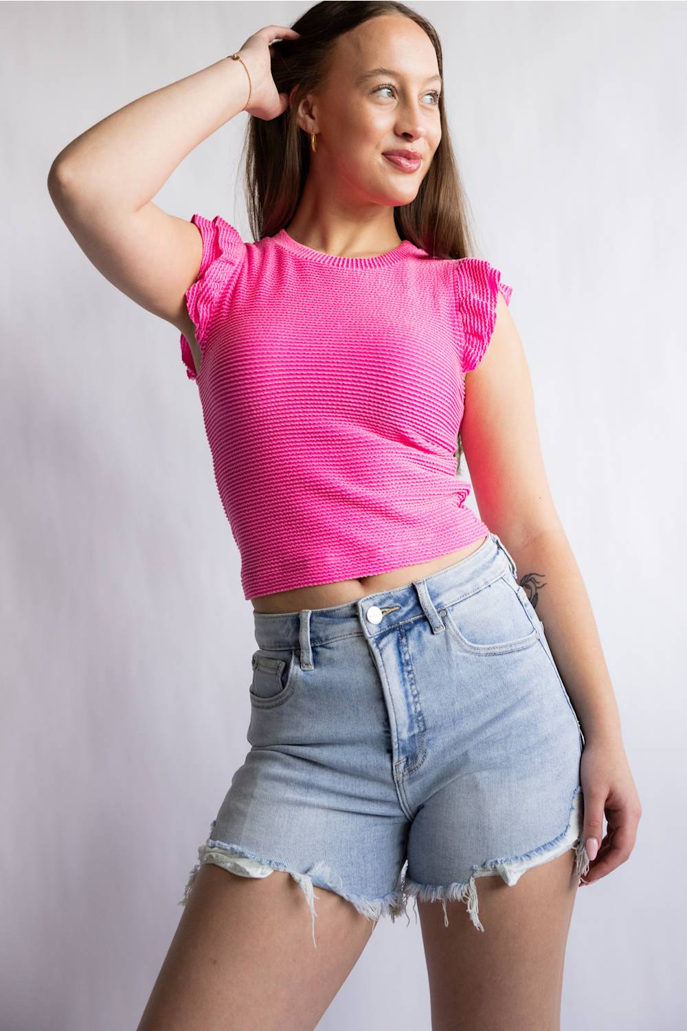 Risen High Rise Fray Hem Denim Shorts for Women | RDS6160-LT - Image 2