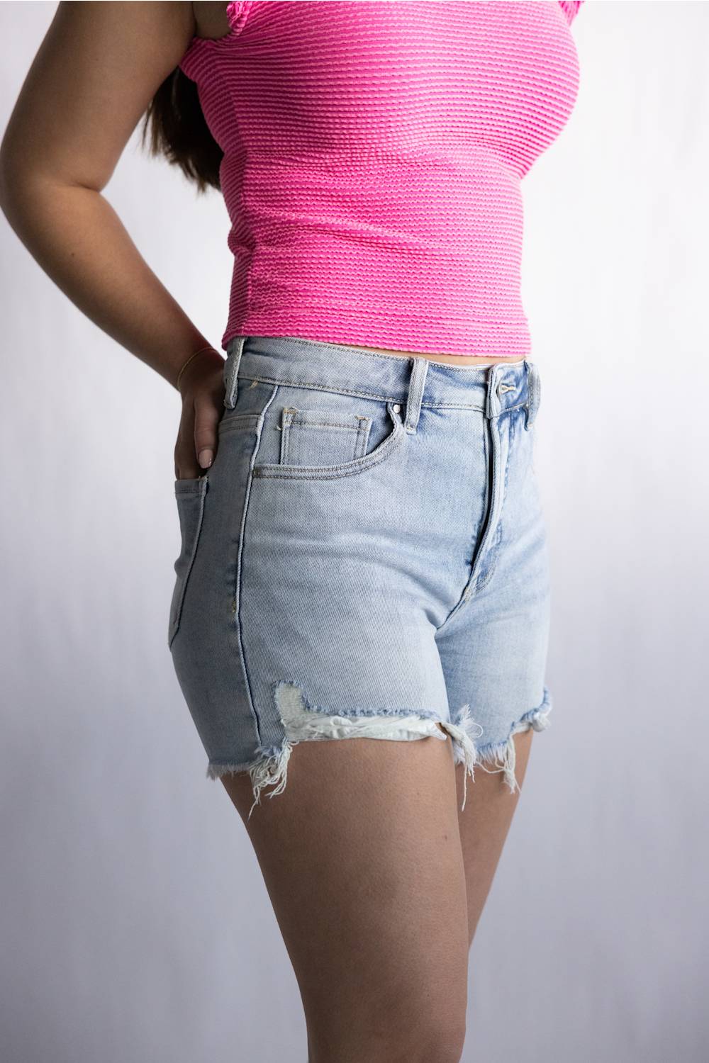 Risen High Rise Fray Hem Denim Shorts for Women | RDS6160-LT - Image 3