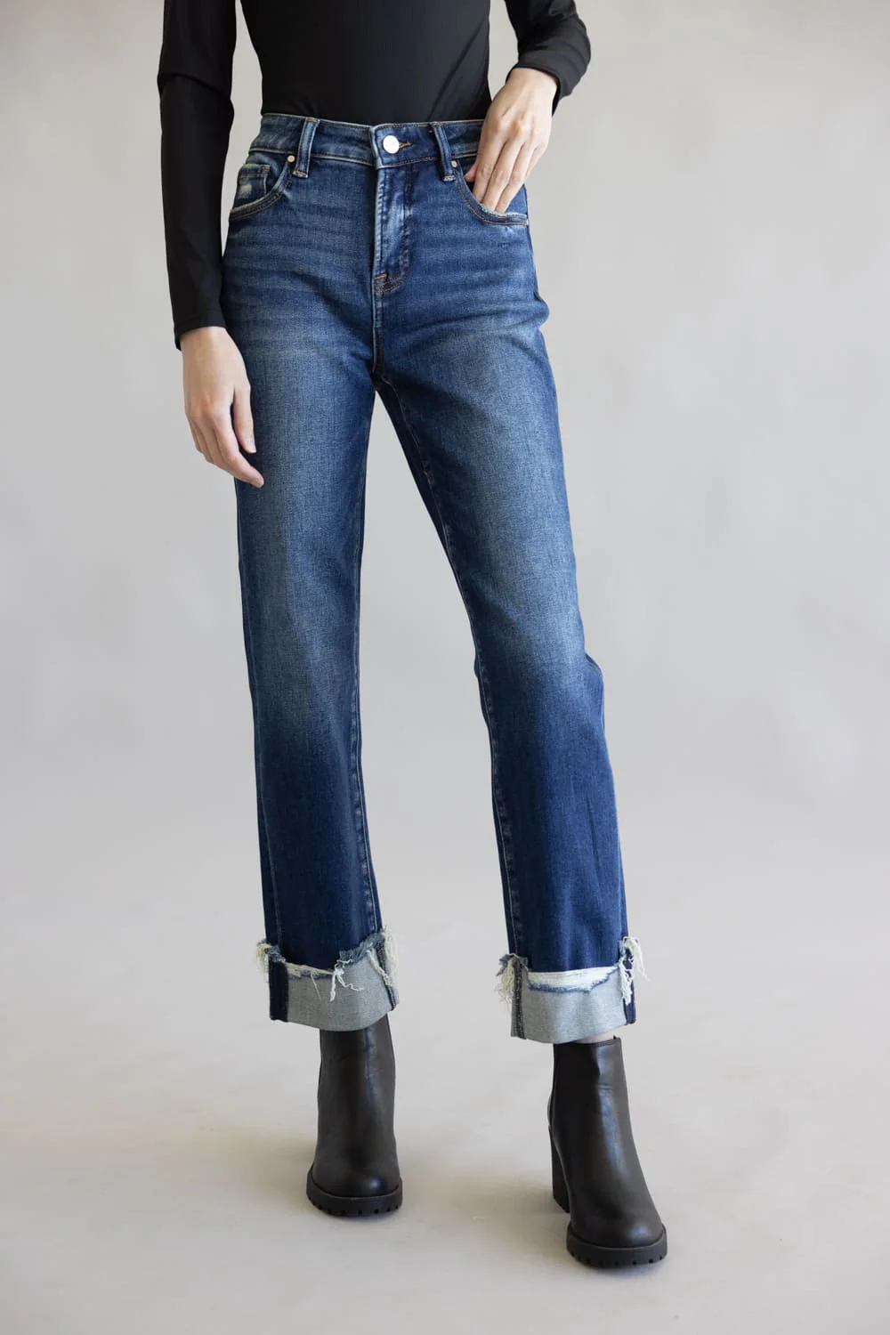 Risen High Rise Tummy Control Cuffed Straight Leg Jeans for Women | RDP5877-DK