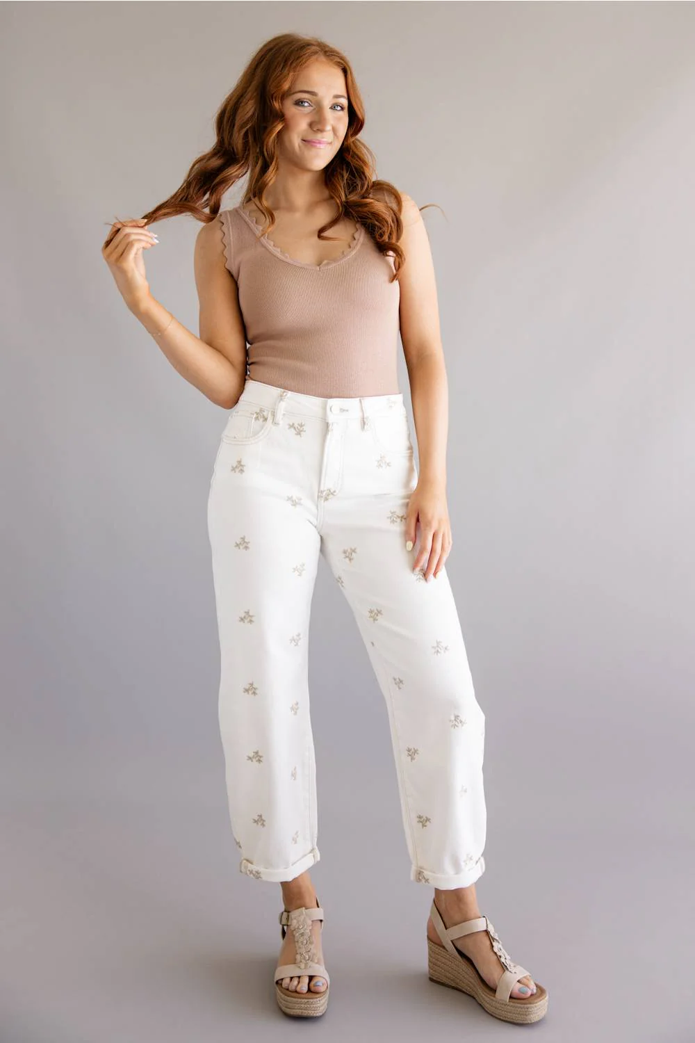 Risen High Rise Leaf Embroidered Barrel Jeans for Women in Cream | PGA211327-CREAM - Image 2