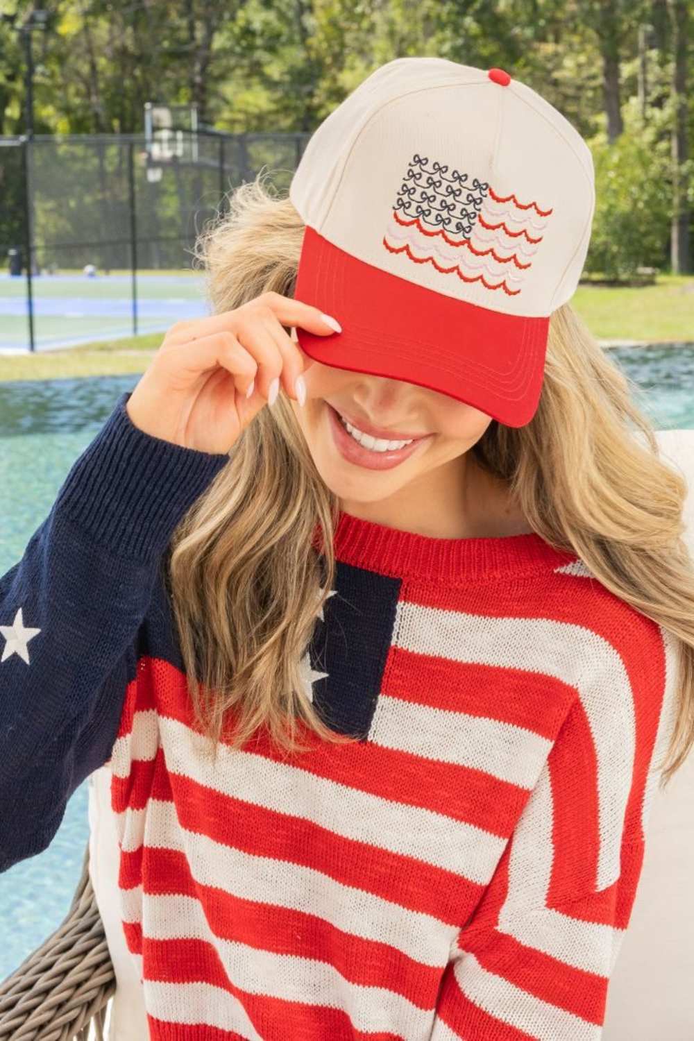 Simply Southern Bow Flag Trucker Hat for Women in Cream/Red | 0126-HAT-FLAGBOWS