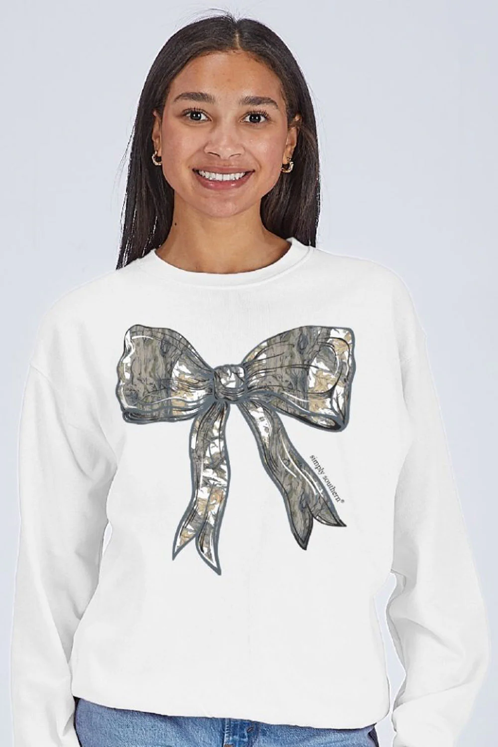 Simply Southern Camo Bow Crewneck for Women in White | CREW-WHITECAMO-WHITE