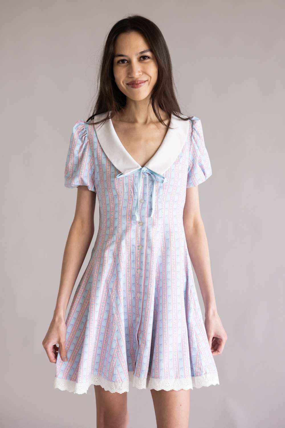 Simply Southern Collared Puff Sleeve Dress for Women in Pink/Blue | PP-0126-DRS-CLR-PUFF-BOWSTR