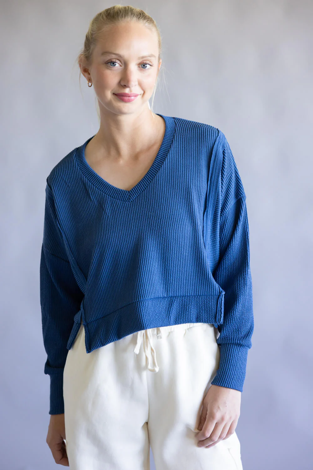Simply Southern Cropped V-Neck Knit Pullover for Women