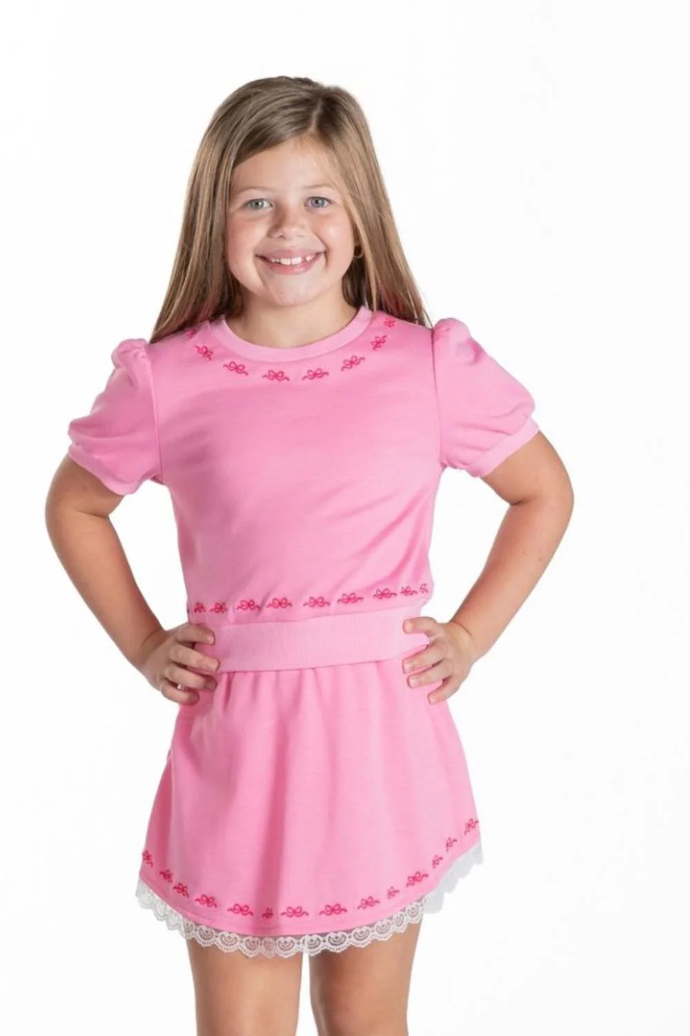 Simply Southern Embroidered Bow Set for Girls in Pink | PP-0126-YTH-SET-BOW-SKR-CUTE-P