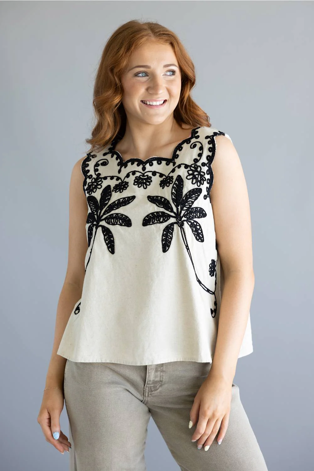 Simply Southern Embroidered Top for Women in Linen | PP-0126-TOP-EMB-LINEN