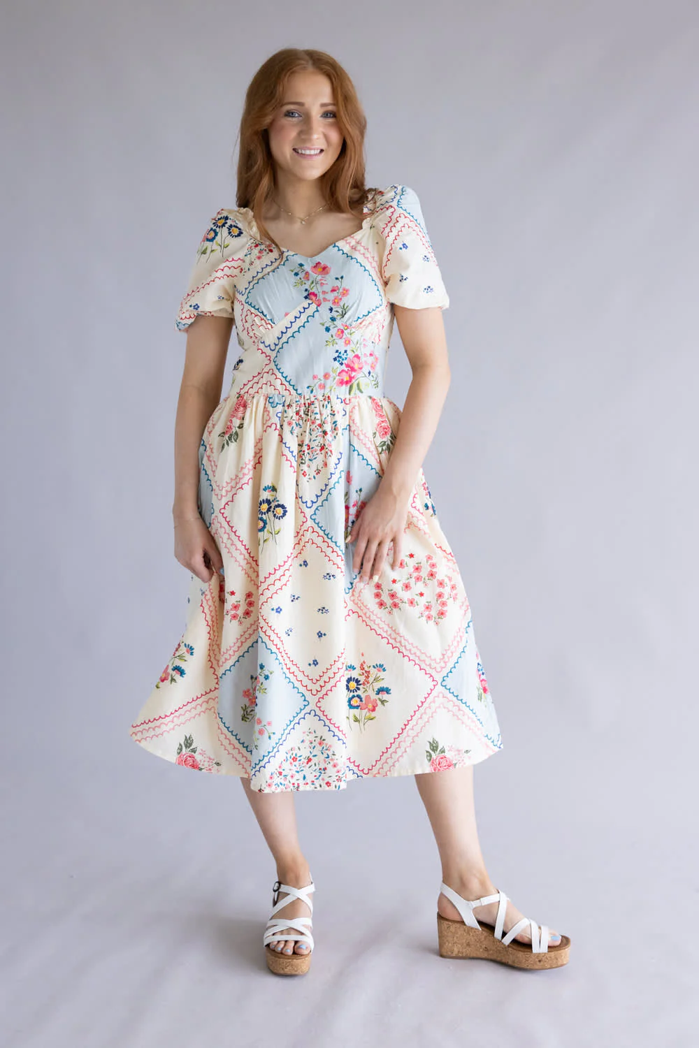 Simply Southern Patchwork Puff Dress for Women in Cream | PP-0126-DRS-PUFF-PATCH-YLW