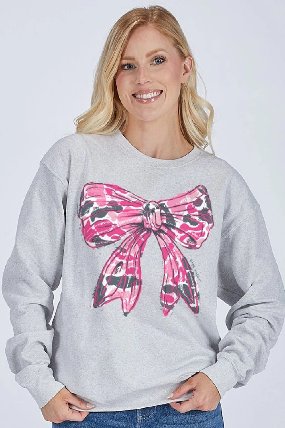 Simply Southern Pink Camo Bow Crewneck for Women in Gray | CREW-PINKCAMO-FLURRY