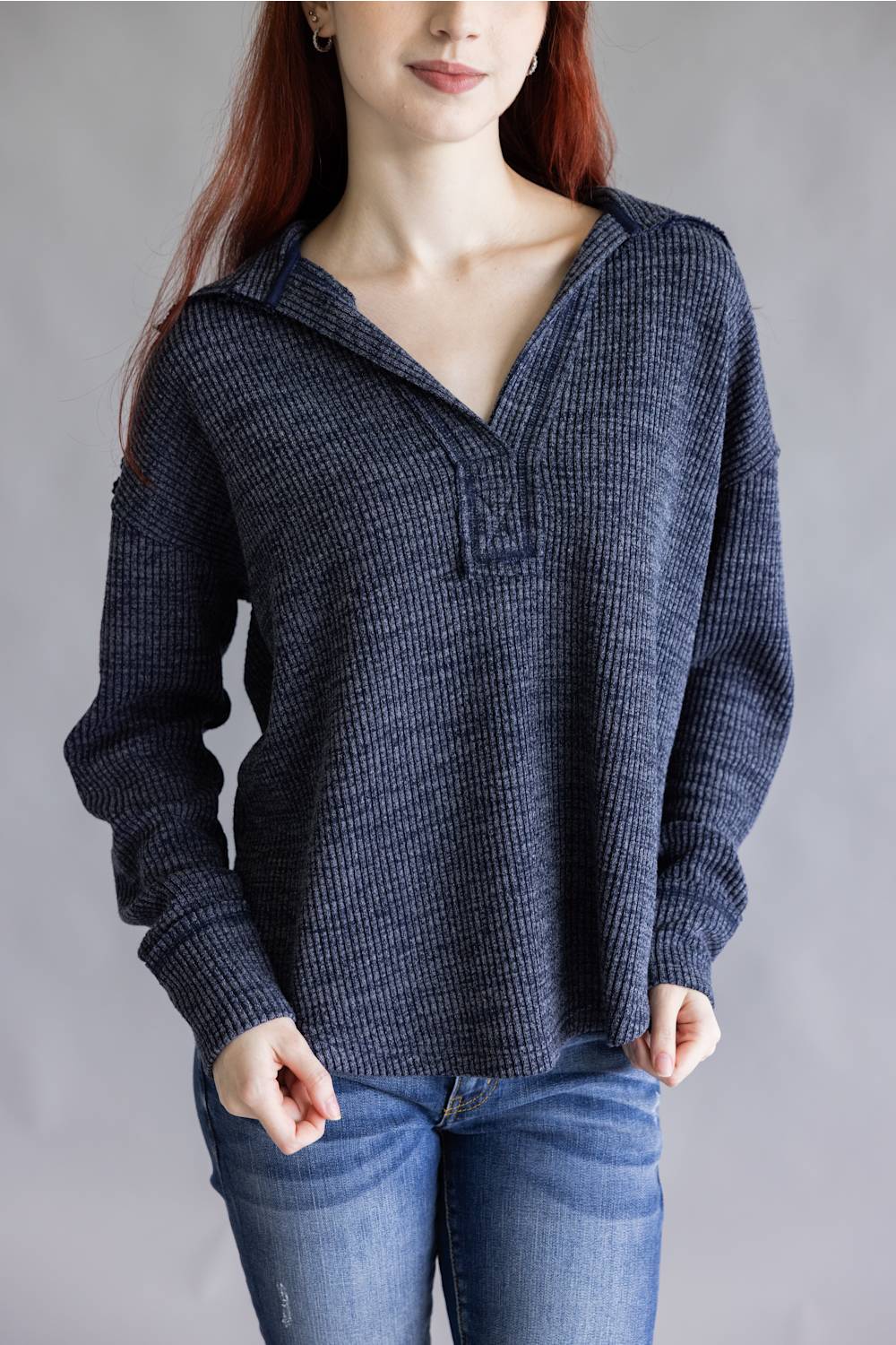 Simply Southern V-Neck Collar Top for Women in Dusk Blue | GLIKS-TOP-KNT-VNCK-DUSK - Image 4