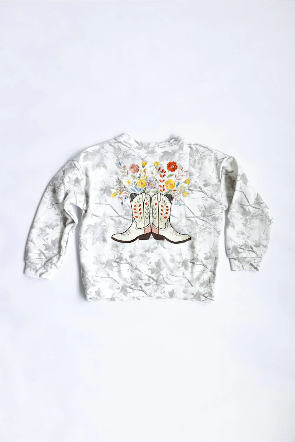Simply Southern Youth Boots Embroidered Crewneck for Girls in White Camo | PP-0226-CRW-YTH-EMB-EVD-WTCAMO - Image 3