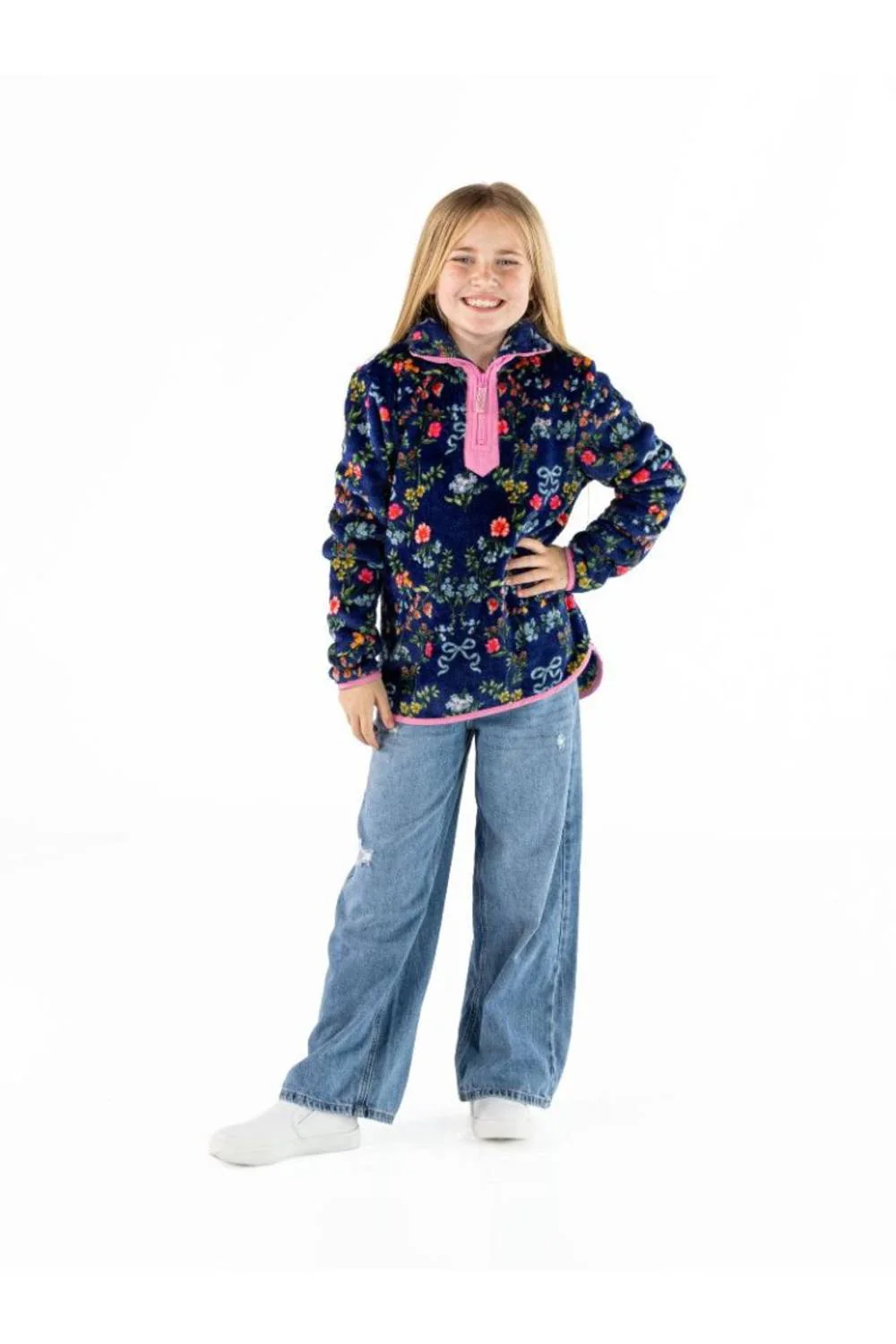 Simply Southern Youth Quarter Zip Pullover for Girls in Navy Floral | PP-0226-YTH-PULL-YNCK-RBNFLR - Image 2