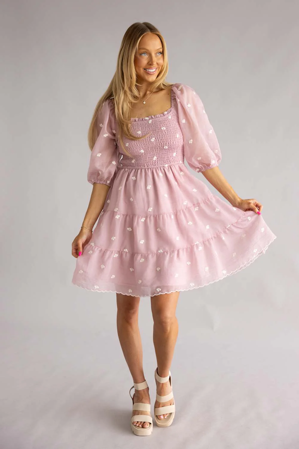 Smocked Polka Dot Short Dress for Women in Lilac | R8368-1-PNK