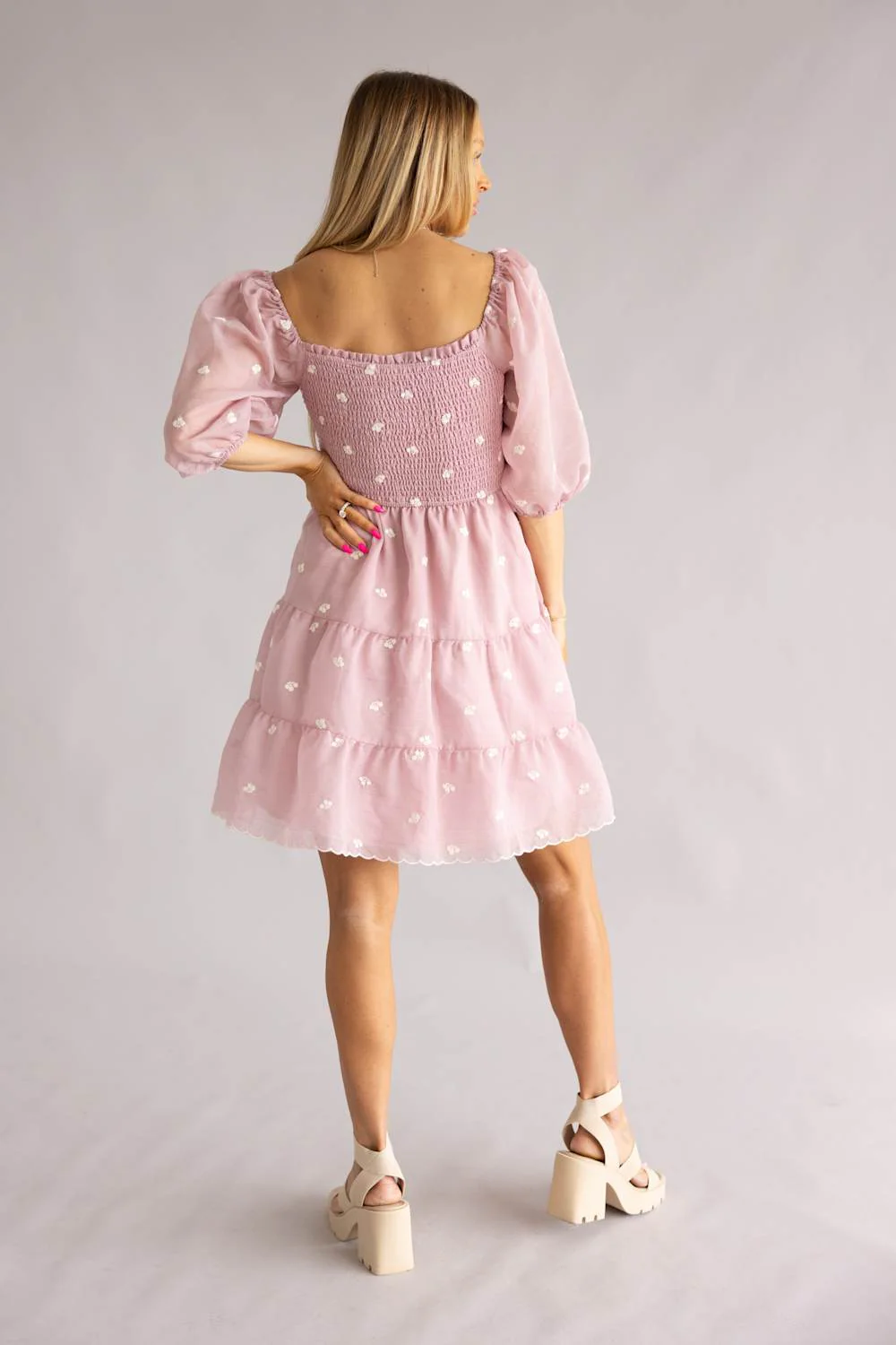 Smocked Polka Dot Short Dress for Women in Lilac | R8368-1-PNK - Image 2