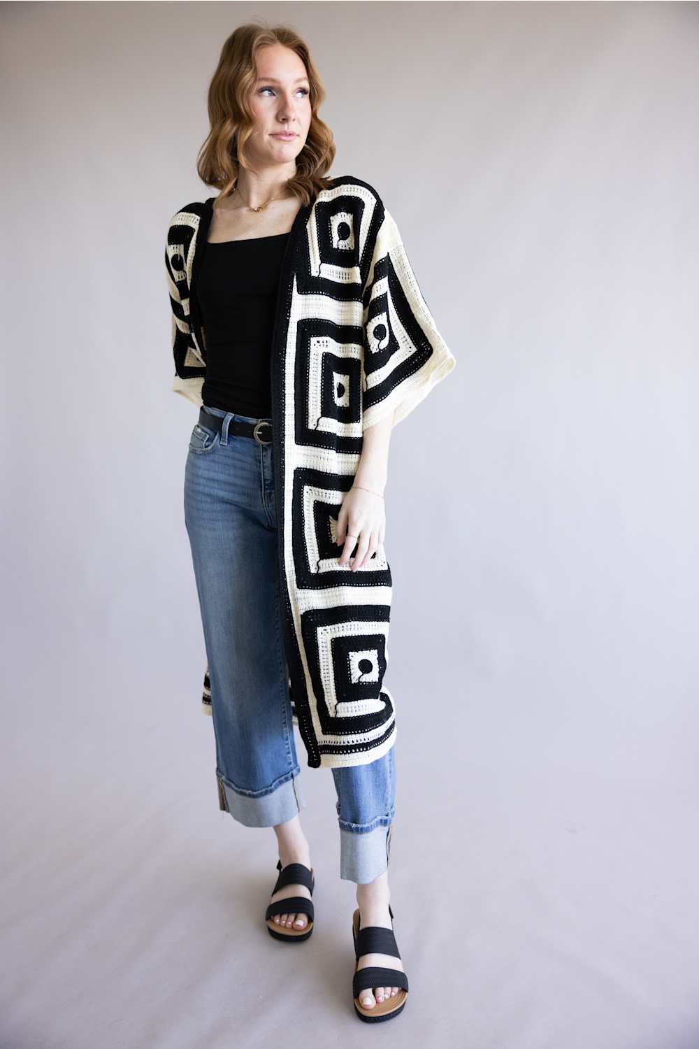 Square Pattern Crochet Cardigan for Women in Ivory/Black | WLCS078-BLACK