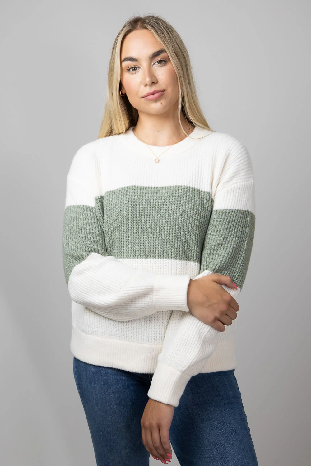 Stripe Crewneck Sweater for Women in Green Combo | PF3S26302-GREENCOMBO