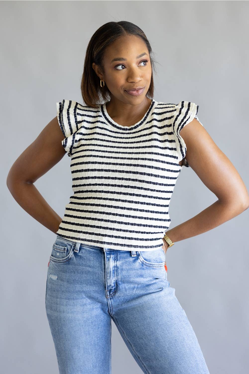 Stripe Flutter Sleeve Top for Women in Cream/Navy | MTL502-RJQ-CREAMDKNAVY - Image 2