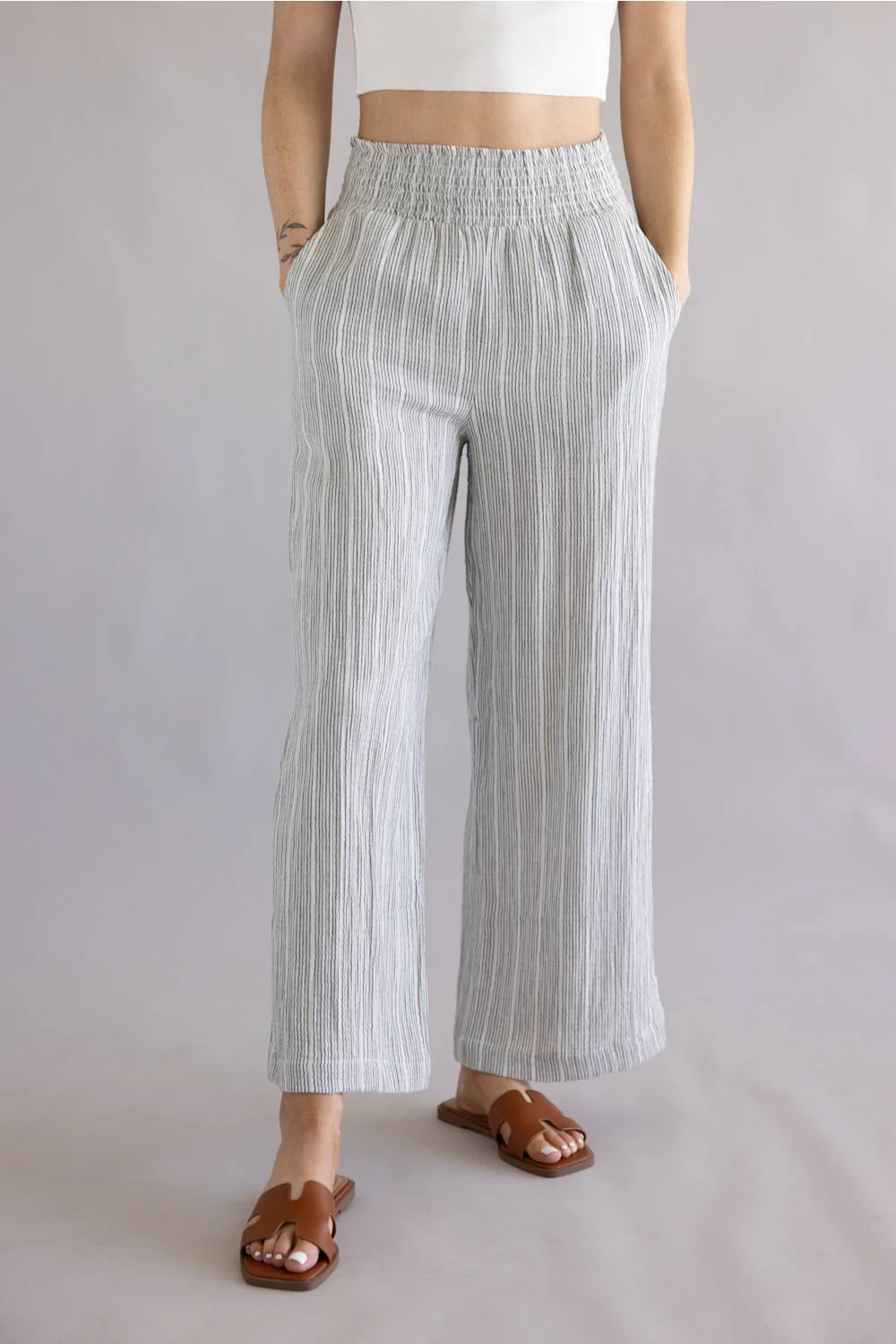 Stripe Smocked Waist Linen Pants for Women in Charcoal | 42722-CHARCOAL - Image 2