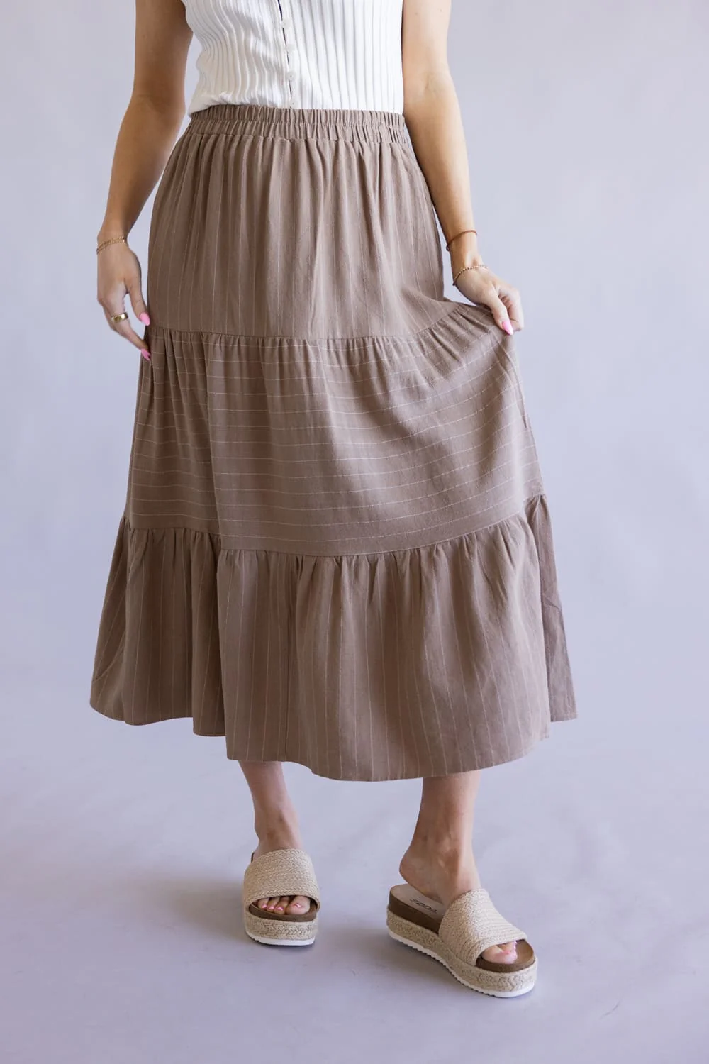 Tiered Striped Maxi Skirt for Women in Mocha/White | VS6252-MOCHAWHITE