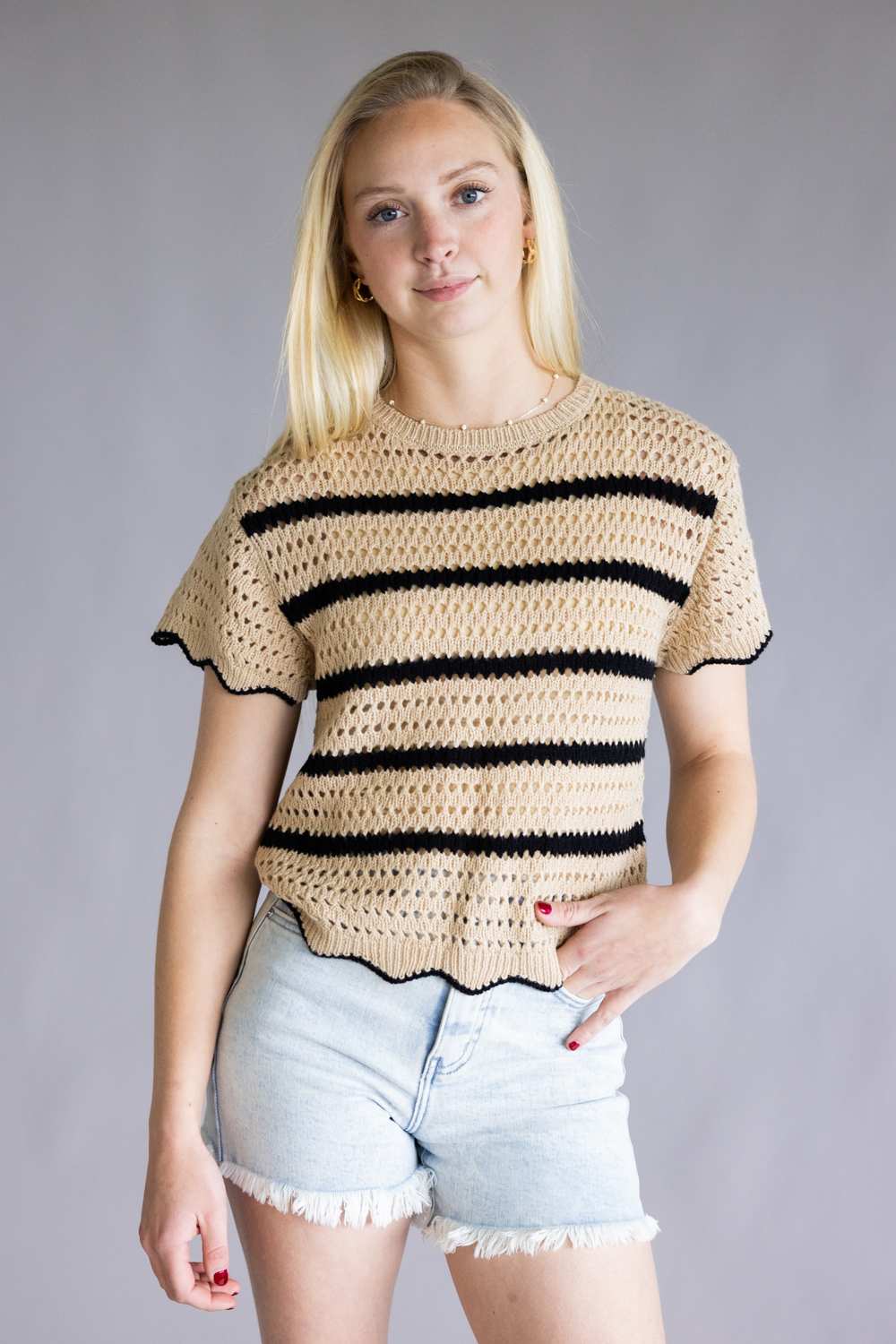 La Miel Striped Crochet Knit Sweater Top for Women in Brown/Black | MDS3603-COOKIEDOUGH