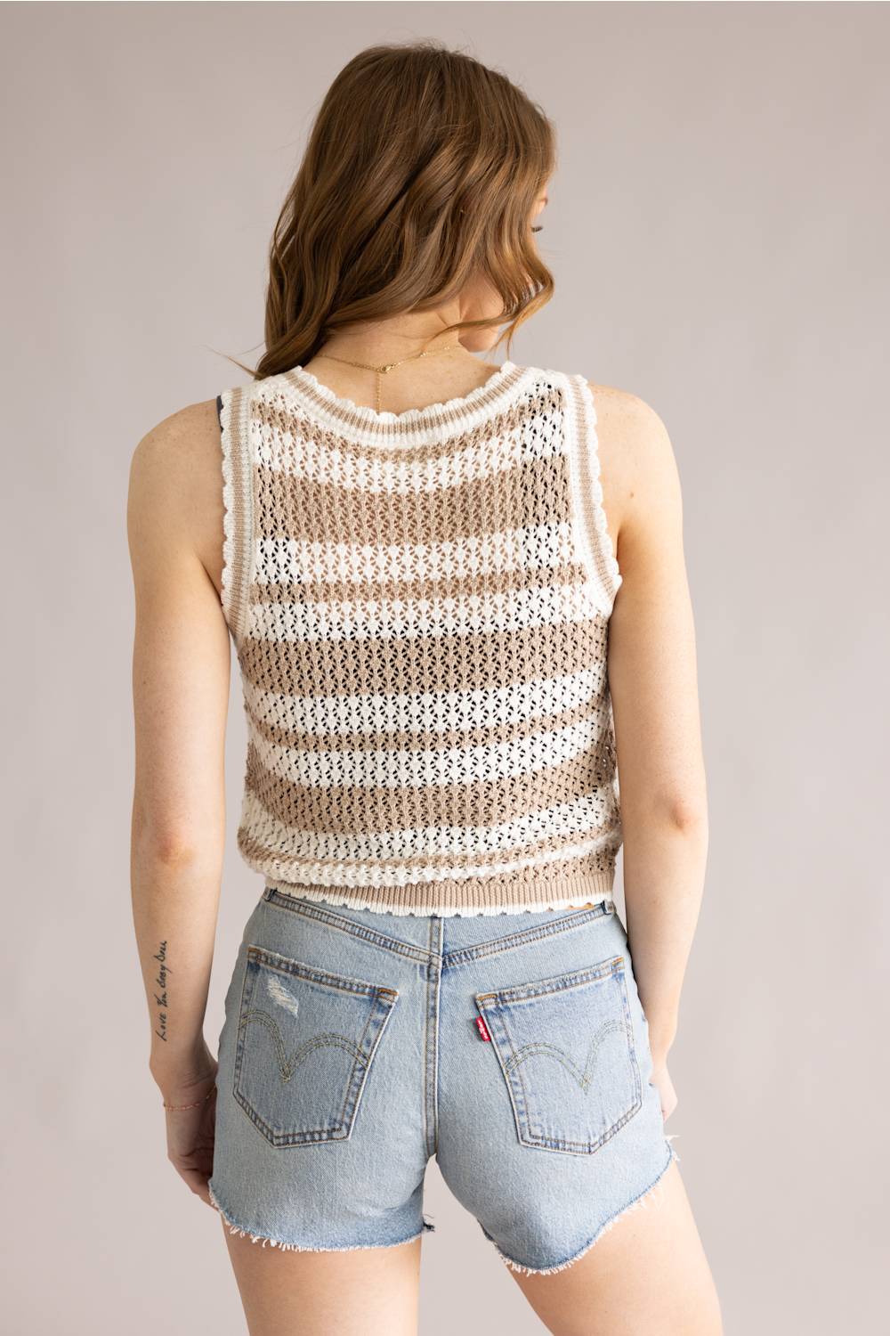 Striped Crochet Sweater Tank for Women in Taupe | ATS9211-TPE - Image 4