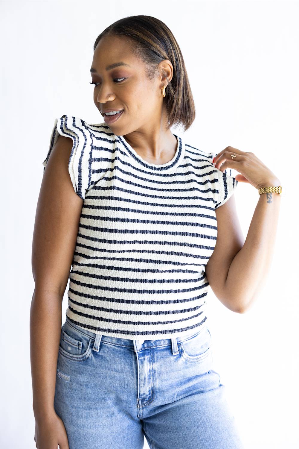 Striped Flutter Sleeve Top for Women