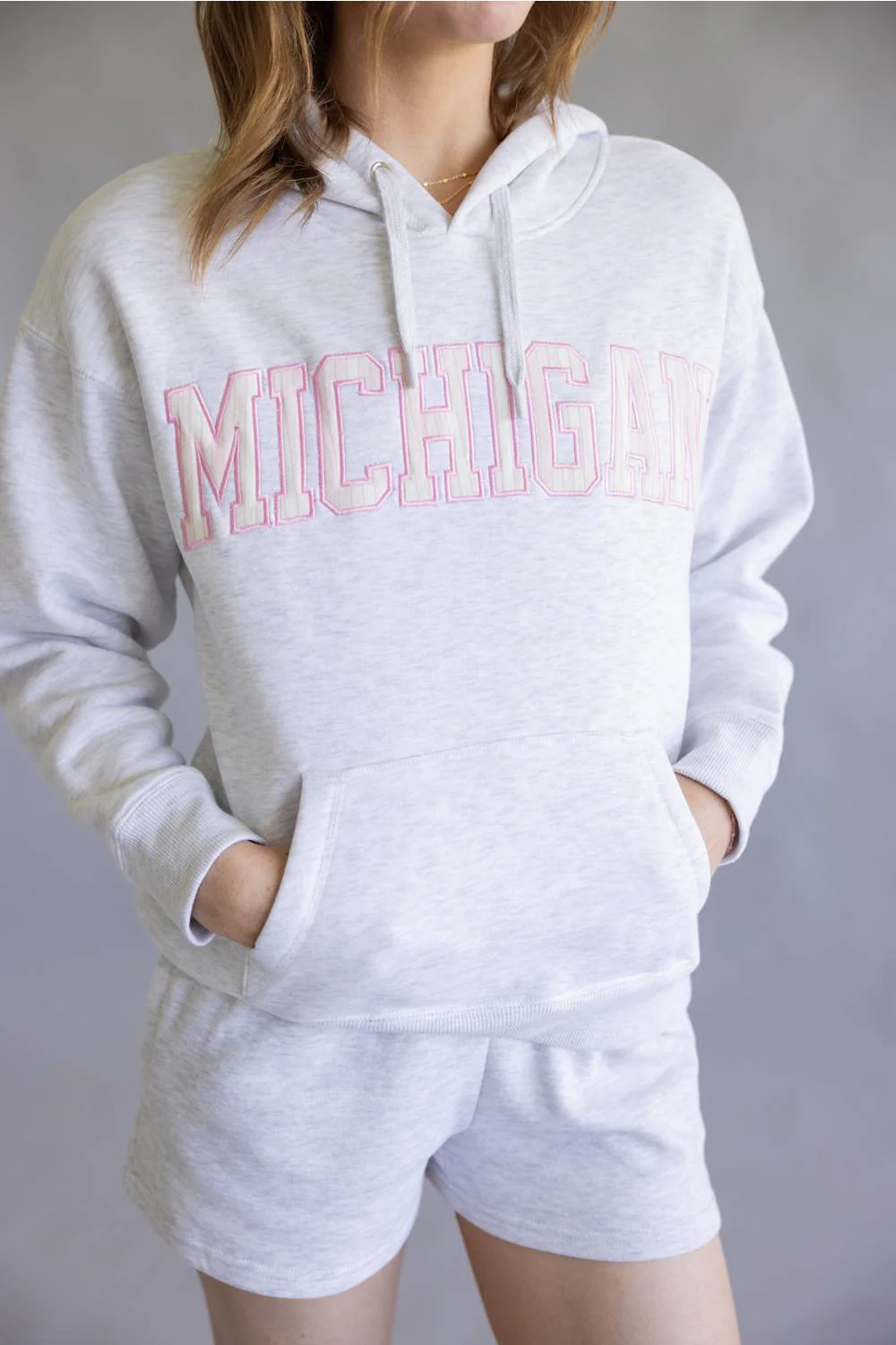 Ocean Drive Striped Michigan Embroidered Hoodie for Women in Grey/Pink | B13925-MI-APPHOOD-GREY - Image 2