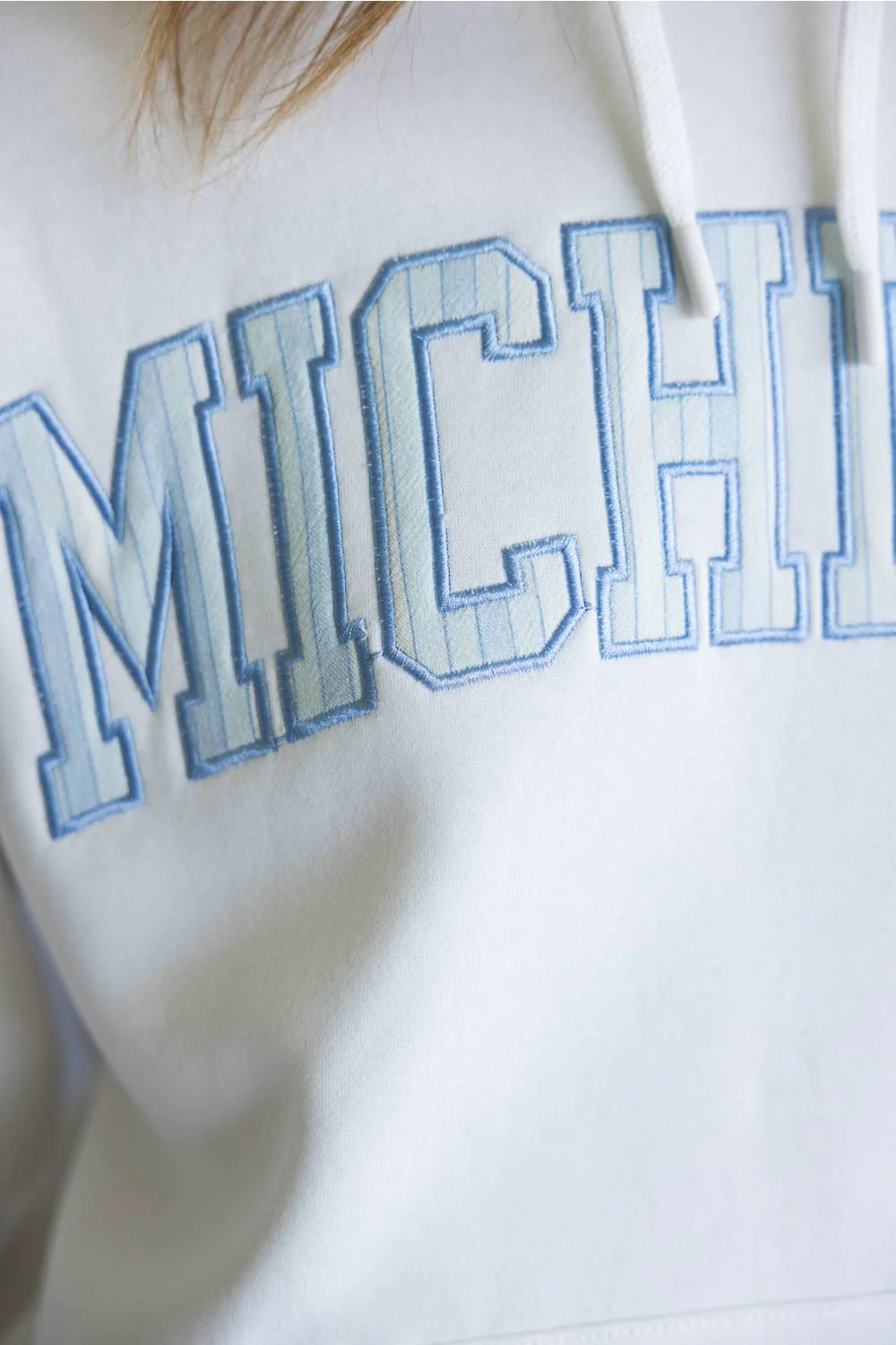 Ocean Drive Striped Michigan Embroidered Hoodie for Women in White/Blue | B13925-MI-APPHOOD-WHITE - Image 3