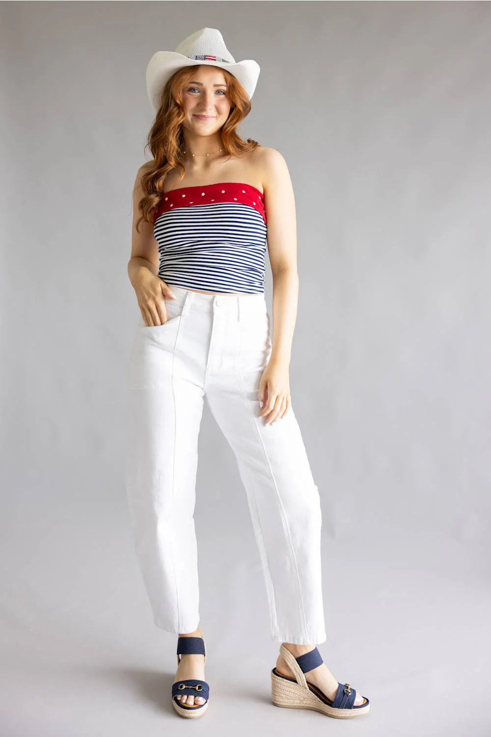 Striped Polka Dot Strapless Top for Women in Navy/Off White | PST2193-NAVYOFFWHITE - Image 2