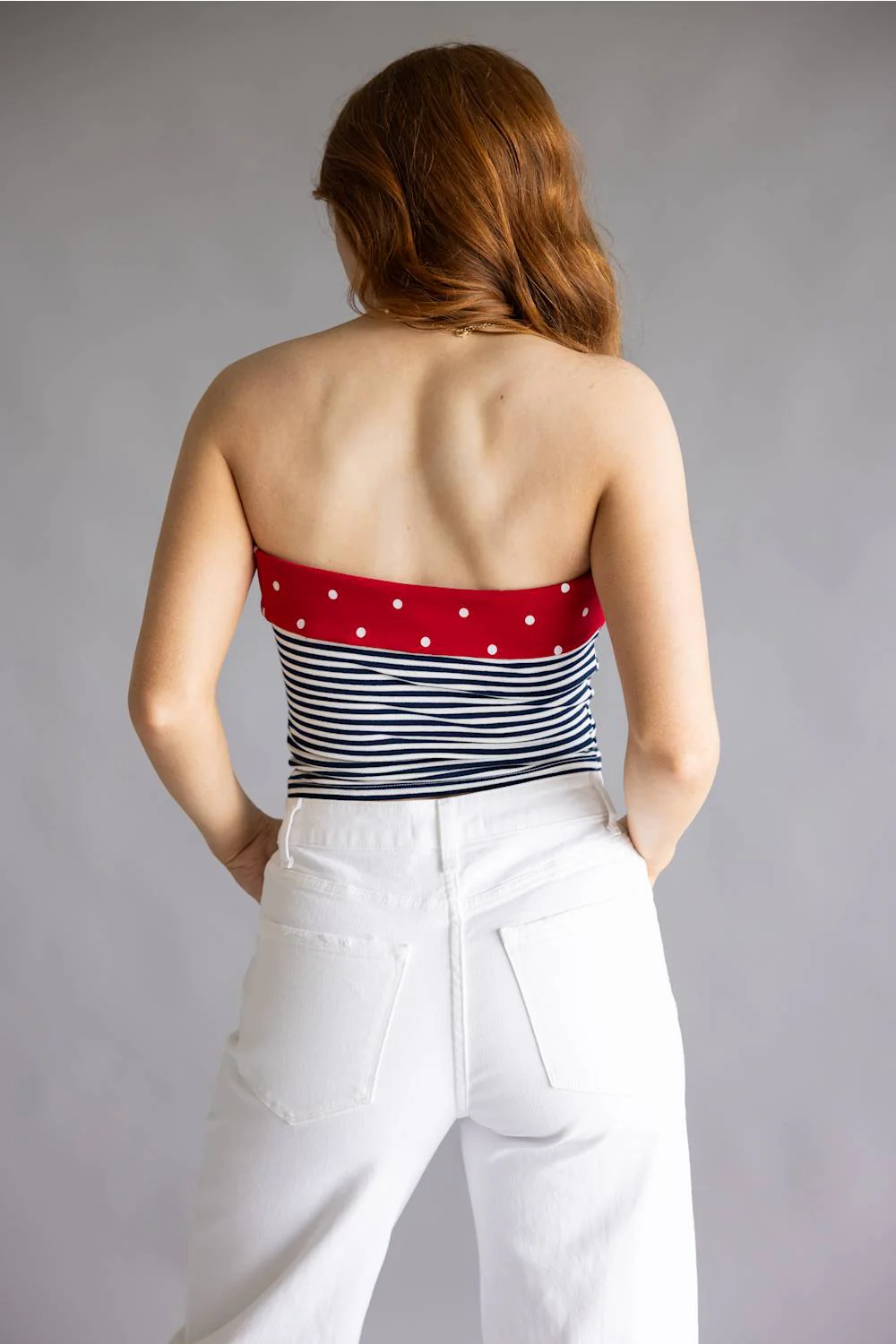 Striped Polka Dot Strapless Top for Women in Navy/Off White | PST2193-NAVYOFFWHITE - Image 3