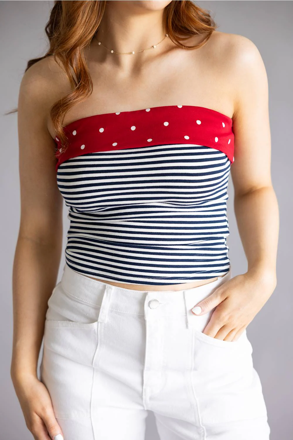 Striped Polka Dot Strapless Top for Women in Navy/Off White | PST2193-NAVYOFFWHITE - Image 4