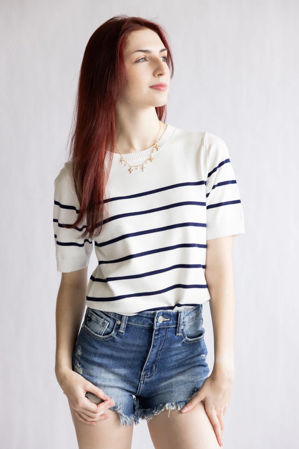 Striped Short Sleeve Sweater for Women in White/Navy | ATS8977-WHT
