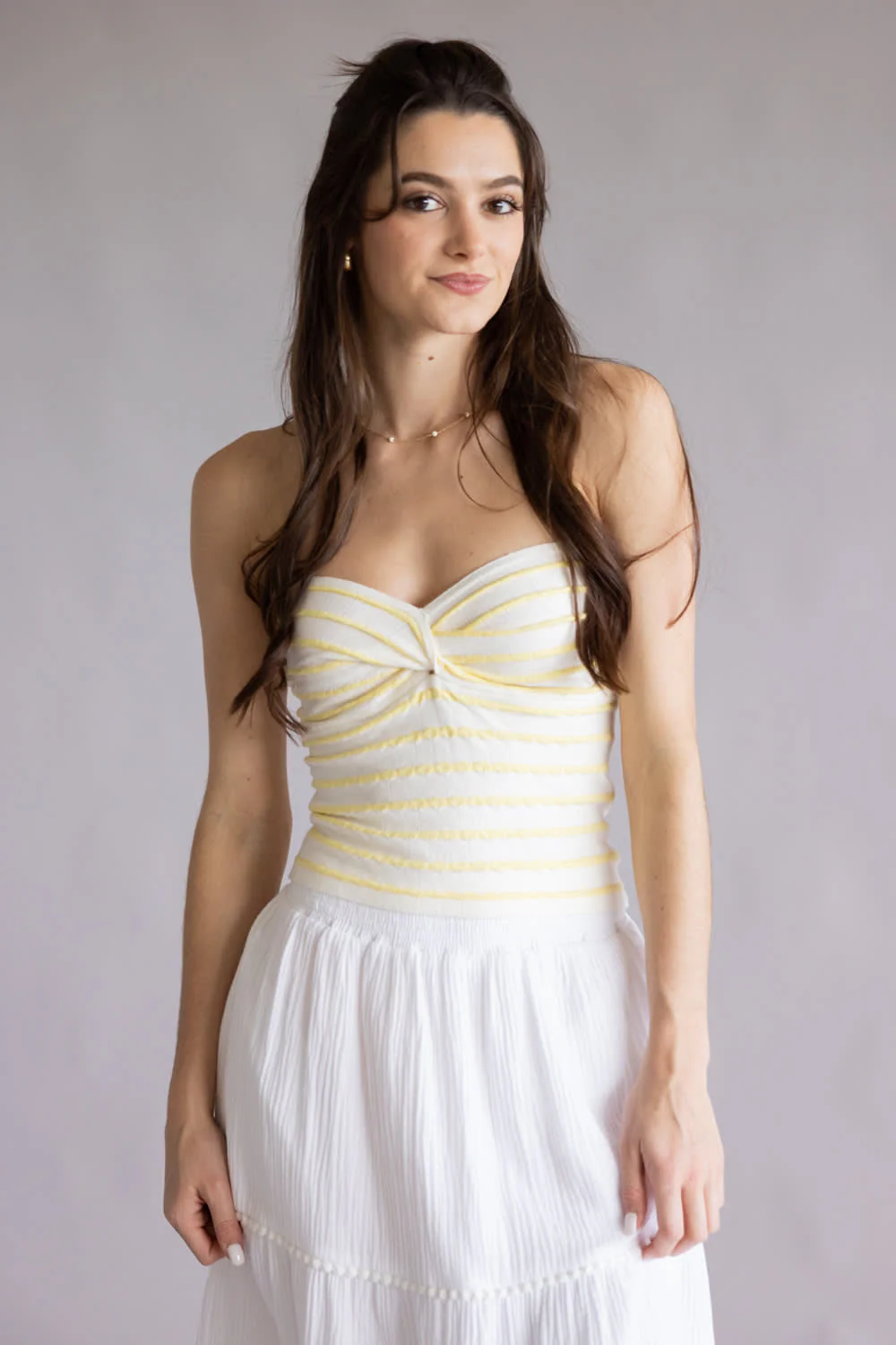 Striped Twist Front Tube Top for Women in Yellow/White | SWT70000-OFFWHITEYELLOW